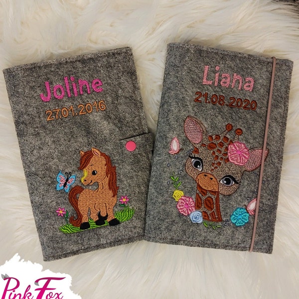 U-booklet cover animals motif made of felt, embroidered U-booklet cover with name and birthday, gift for birth