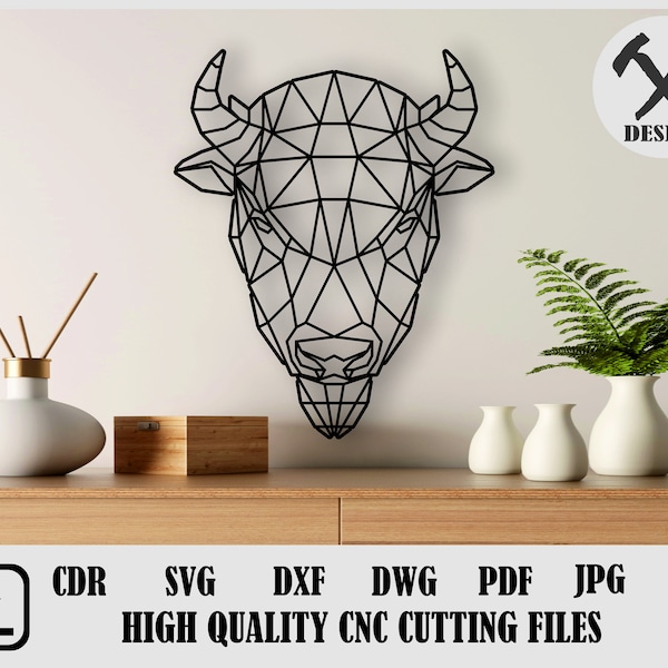 Geometric Bison Head Wall Art vector File,Bison Home DecorSVG, Animal wall decor laser plan,polygonal Bison head file,Glowforge cut file