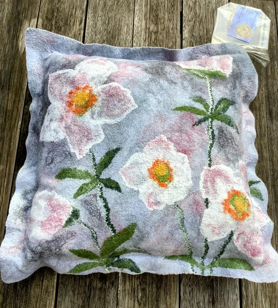 Silk and wool pillowcase, felted, Christmas rose, felt pillow