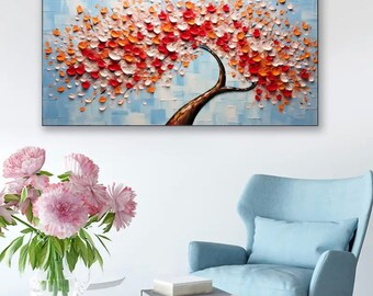 Contemporary art canvas print: textured palette knife tree oil painting adds modern flair & 3D flower detail to home decor.