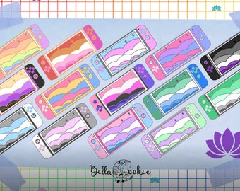 May include: A collection of colorful gaming console designs, each featuring a unique rainbow-themed display. The consoles are arranged on a light blue background with a grid pattern and lotus flower accents. The brand name "BillaCookie" is visible.