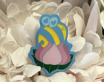 Blue Metal Lotus Bee Pin