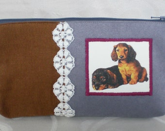 Schminktäschchen Dackel Stiftemäppchen Täschchen Dachshund Cord Kosmetiktäschchen