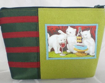 Make-up bag transfer print cats kittens red wine wine glass striped cosmetic bag pencil case pouch pencil case