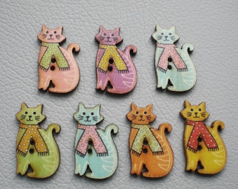 7 colorful wooden buttons cats cat motif kitten animal buttons