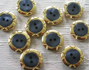 10 vintage buttons gold/smoke blue two-hole buttons 18 mm plastic buttons gold rim