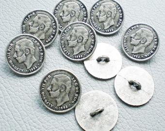 10 metal buttons shank buttons 20 mm vintage buttons buttons with motif King Alfonso XII Spain