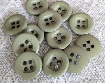 12 lime green plastic buttons, four-hole drilling, grey-green, 17 mm
