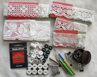 Vintage lace trims crochet hook snap fasteners laundry buttons sewing needles safety pins DIY set old lace handicraft utensils