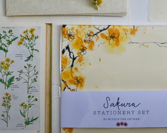 Ensemble de papeterie jaune Sakura - Ensemble d'écriture de luxe - Papier à lettres - Fleurs de cerisier - Illustré - A5 Ivoire de qualité supérieure