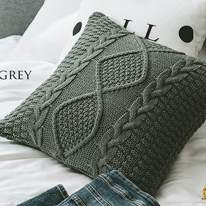 18'' Decorative Knitted Cushion Cover, Knit Pillow Case, Grey/Brown/Cream/White Throw Pillow Cushion, Diamond Pattern, Braided Knit Cushion image 6