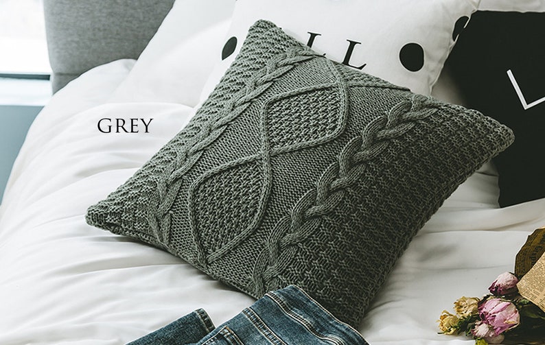 18'' Decorative Knitted Cushion Cover, Knit Pillow Case, Grey/Brown/Cream/White Throw Pillow Cushion, Diamond Pattern, Braided Knit Cushion image 6
