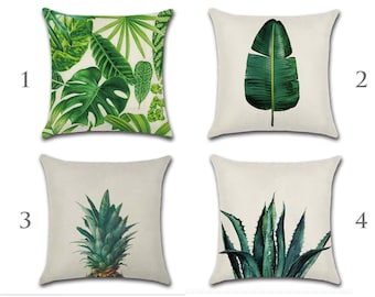 18'' Tropical Leaf Cushion Cover, Green Leaves Pillowcase, Palm Tree Leaf Throw Pillow, Pineapple Cushion, Nature Print Linen Cushion, Gift