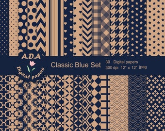 Paquete de papel digital azul y beige, papeles de scrapbooking azul y oro, papel artesanal, patrón imprimible, descarga instantánea, uso comercial