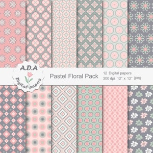 Paquete de papel digital con motivos florales en tonos pastel, papeles para scrapbooking, fondo rosa, fondo floral en tonos pastel, descarga instantánea, uso comercial