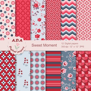 Red and blue digital paper pack, scrapbooking papers, red and blue background ,floral background, instant download, commercial use