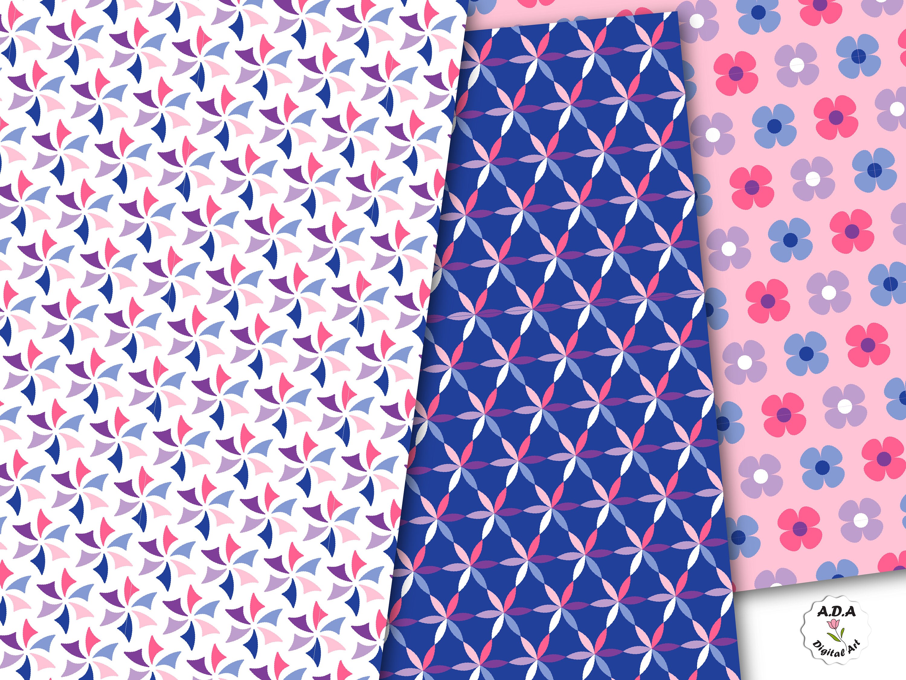 Pink and Blue Digital Paper Pack, Floral Scrapbooking Paper, Floral ...