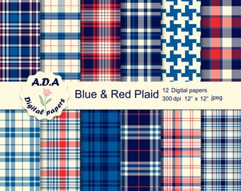 Blue and red plaid digital paper pack, Plaid background, Digital plaid paper, Scrapbooking paper, Instant download, Commercial use