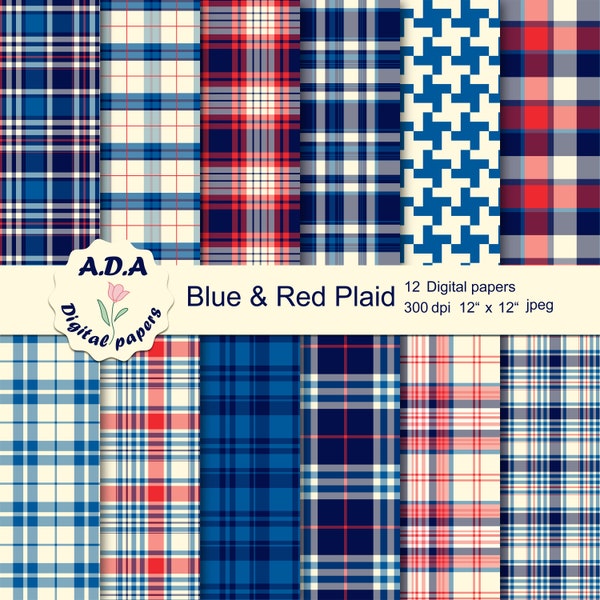 Blue and red plaid digital paper pack, Plaid background, Digital plaid paper, Scrapbooking paper, Instant download, Commercial use