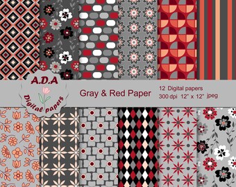 Gray and red digital paper pack, scrapbooking papers, gray and red background ,floral background, instant download, commercial use