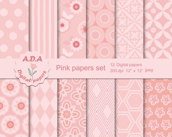 Pink printable digital paper pack, pink patterns, 12x12 scrapbooking background, printable pink pattern, commercial use