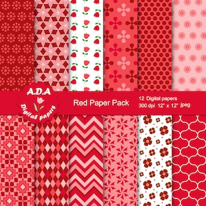 Red digital paper pack, red background, scrapbooking papers, craft paper, printable pattern, instant download, commercial use