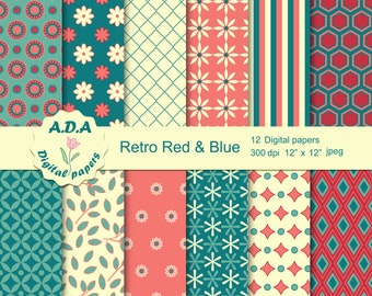 Retro paper pack, red and blue background, red and blue scrapbook paper, retro pattern, digital download, commercial use