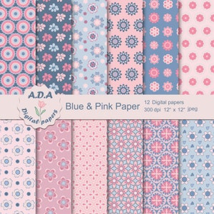 Blue and pink digital paper pack, Floral scrapbooking paper, Floral background, Blue and pink background, Floral background, Commercial use