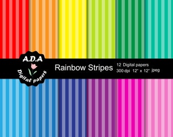 Paquete de papel digital con rayas de colores del arcoíris, papeles para scrapbooking con rayas, papel artesanal con rayas, patrón de rayas de colores, uso comercial