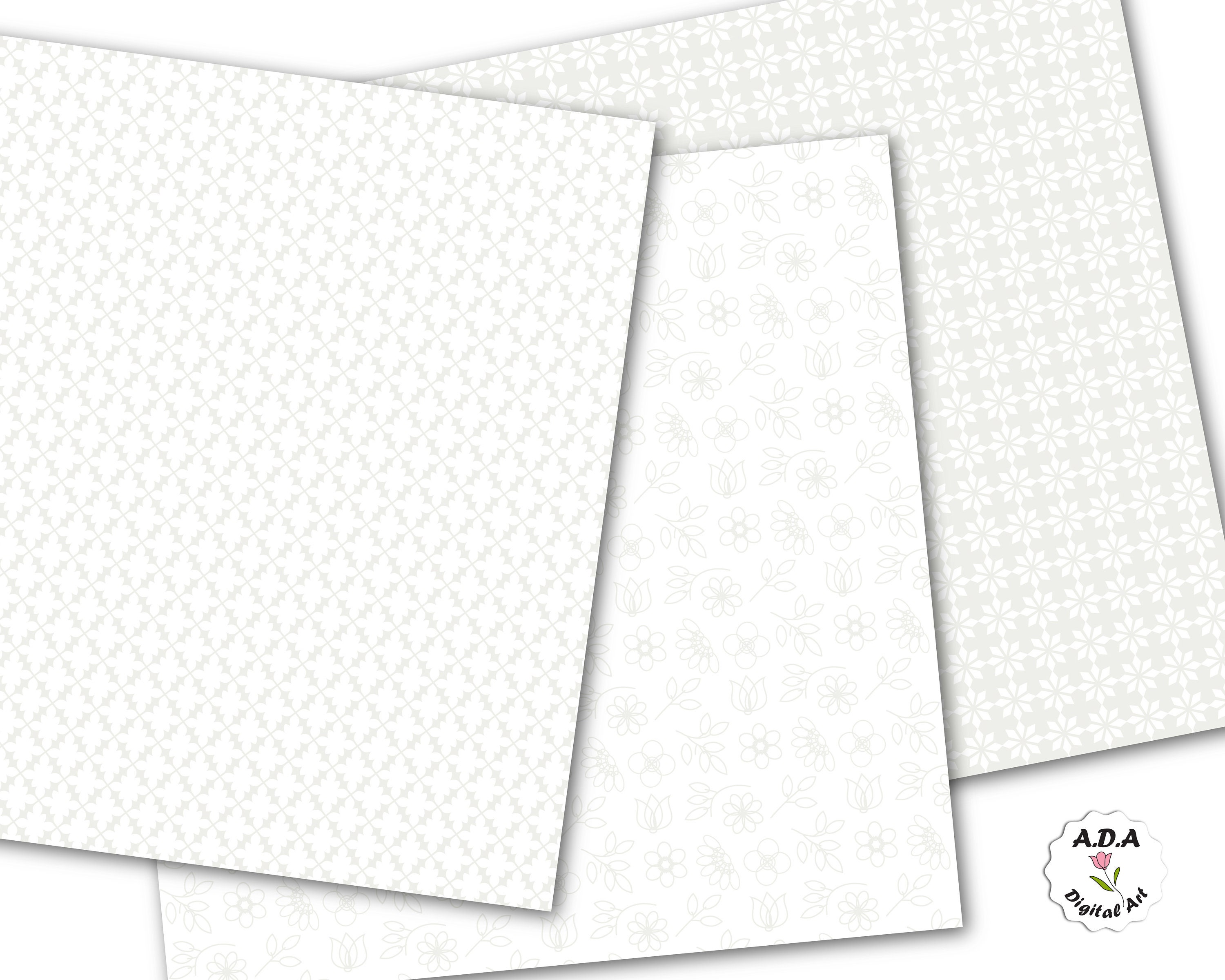 White Digital Paper, White Floral Pattern, White Geometric Pattern, White Scrapbook Paper, White