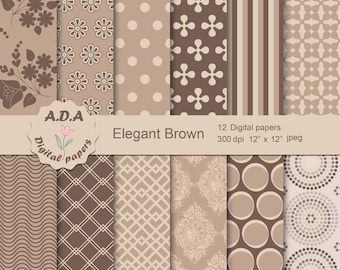 May include: Twelve digital papers in brown and beige with various patterns, including floral, polka dot, geometric, and damask. The papers are 12 inches by 12 inches and 300 dpi. The text "Elegant Brown" and "A.D.A Digital Papers" is included in the image.
