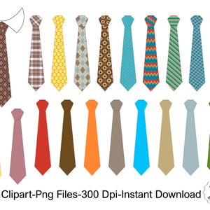 May include: A set of 20 colourful tie clip art images. The ties are in various patterns and colours, including yellow, red, blue, green, brown, and orange.
