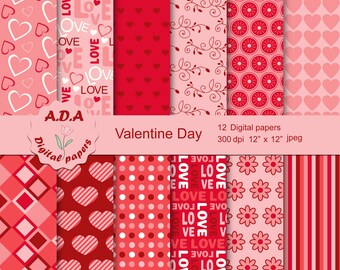 Valentijn digitaal papierpakket, Valentijn rode en roze achtergrond, scrapbookpapier, afdrukbaar patroon, instant download, commercieel gebruik