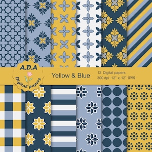 Yellow and Blue Pattern texture digital paper, 12&quot;x12&quot; Jpeg background for scrapbooking, Instant download, Commercial use