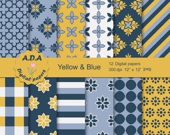 Yellow and Blue Pattern texture digital paper, 12"x12" Jpeg background for scrapbooking, Instant download, Commercial use