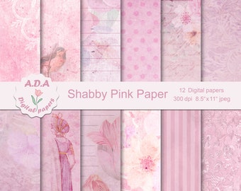 Shabby Chic Pink Floral Digital Paper, Vintage Background (Digital Download)