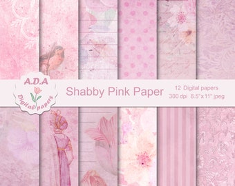 Shabby pink printable digital paper, vintage floral pink paper, pink decorative background, vintage dot, shabby stripes, commercial use