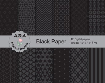 Black digital paper, black geometric pattern, black scrapbook paper, Black background, printable paper, instant download, commercial use