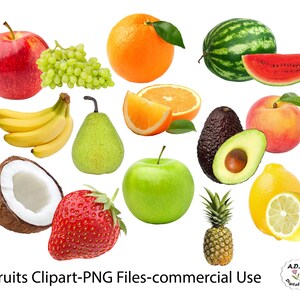 Clipart di frutta, ClipArt di frutta, Banana, Arancione, Anguria, Avocado, Fragola, Uva, Cocco, Pera, Mela, Frutta Png, Uso Commerciale