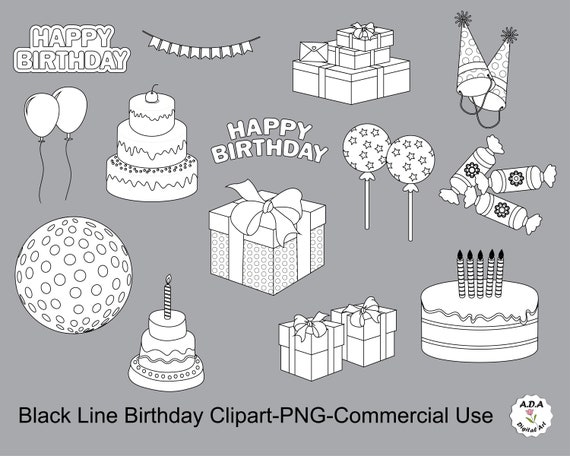 Schwarze Linie Geburtstag Clipart Geburtstag Clipart Schwarz Etsy