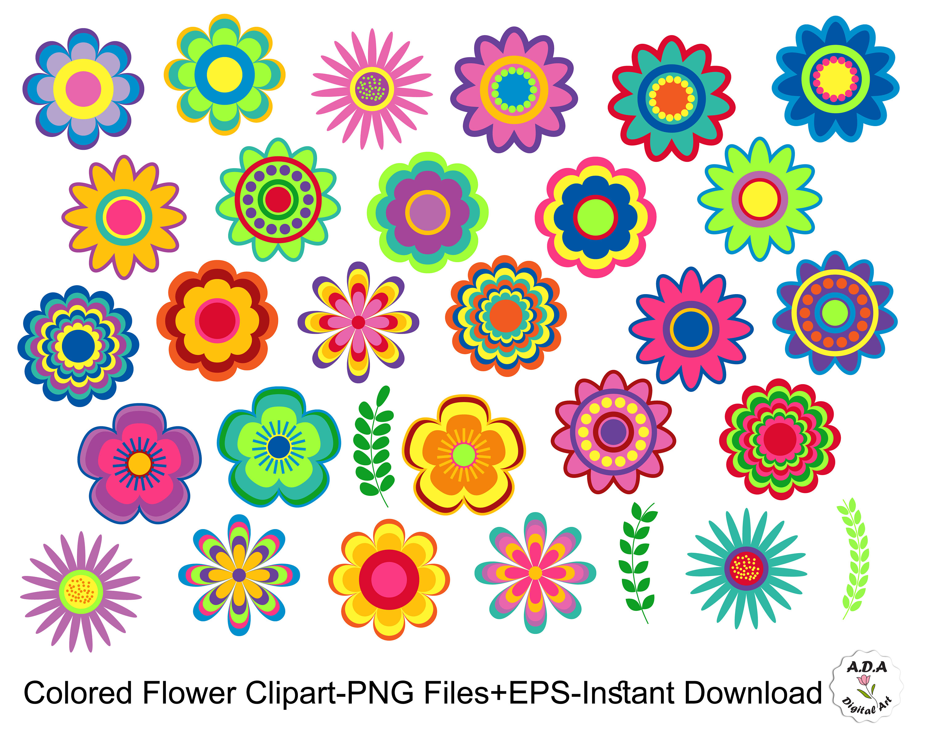 Colored flower clipart, Flower clip art, Floral clip art, 36 flowers, Commercial use