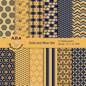 Gold and Blue digital paper pack, scrapbooking papers, Gold and Blue background ,printable pattern, instant download, commercial use