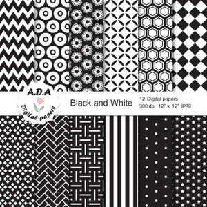 Pacchetto di carta digitale in bianco e nero, carta per scrapbooking nera, sfondo in bianco e nero, carta stampabile, download immediato, uso commerciale