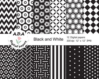 Black and white digital paper pack, black scrapbooking paper, black and white background, printable paper, instant download, commercial use