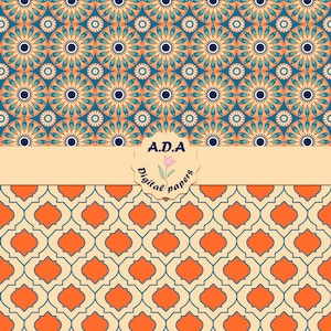 Orange and Blue Digital Paper Pack, Orange and Blue Floral Pattern ...