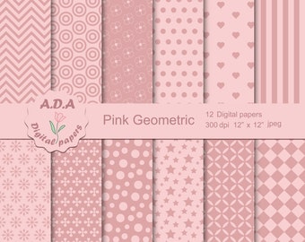 Pink digital paper, pink background, pink scrapbooking paper, pink geometric pattern, instant download, commercial use