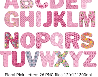 Bloemen roze letter clipart, alfabet png, commercieel gebruik (digitale download)