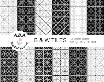 Black and White digital paper, Black & White tile pattern, Black and White background, Printable paper, Instant download, Commercial use