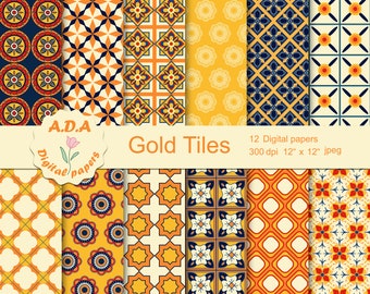 Gold and blue digital paper, gold tiles pattern, yellow and blue scrapbook paper, gold background, printable paper, commercial use