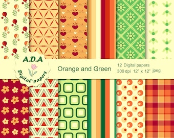 Orange and Green digital paper pack, scrapbooking paper, Orange and Green background, printable pattern, instant download, commercial use